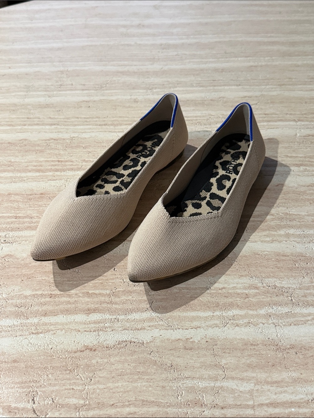 Rothy's Pointed-Toe Slip-On Flats in Beige with Leopard Insole